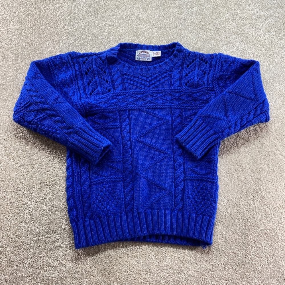 Cambridge Dry Goods Wool Sweater Women Medium Blue Cable Knit Pointelle Crewneck